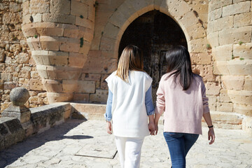 Back view of anonymous girls shaking hands