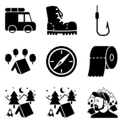 Camping Flat Icon Set Isolated On White Background