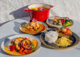 gourmet demonstration menu of vegetarian and seafood dishes
