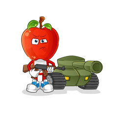 apple head cartoon soldier with tank character. cartoon vector