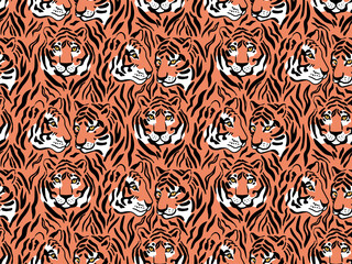Tigers vector seamless pattern. Animal background for fabric, wallpaper, wrapping paper. Wild cats