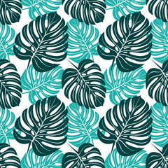 seamless floral pattern with leaves, green leaves of monstera on a white background, pattern, flat drawing, vector graphics, summer mood