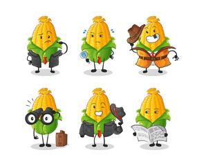 corn detective group character. cartoon mascot vector