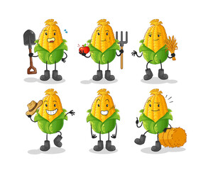 corn farmer group character. cartoon mascot vector