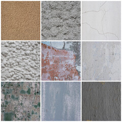 Wall texture set. Rough surfaces of the plastered and colored concrete walls with patterns of...