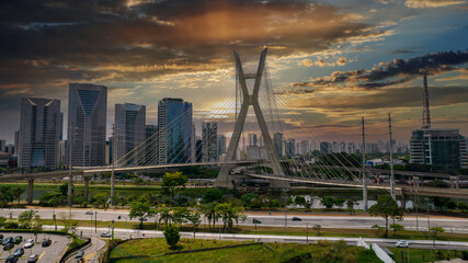 Estaiada's bridge aerial view in Marginal Pinheiros, São Paulo, Brazil. Business center. Financial Center. Famous cable stayed (Ponte Estaiada) bridge