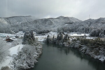 Winter snowing in Japan along river