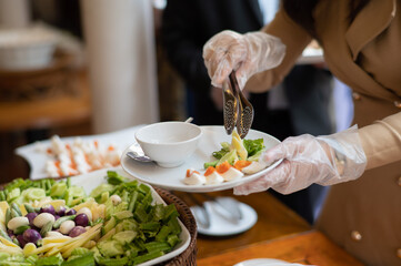 buffet food, catering food party at restaurant, mini canapes, snacks and appetizers