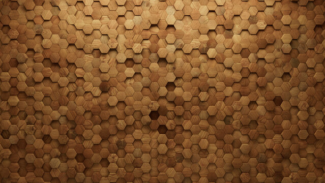 Wood, Timber Wall background with tiles. Hexagonal, tile Wallpaper with Natural, 3D blocks. 3D Render