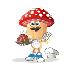 red mushroom head cartoon chef with meat mascot. cartoon vector