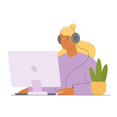 Young woman with computer and headphones  sitting at the desk. Working from home concept. Flat character vector illustration.
