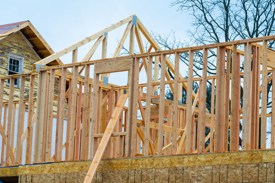 frame of the second floor of a plywood house new wooden