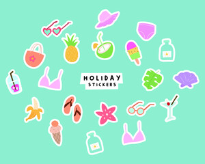 set of printable sticker element illustrations. doodle cartoon collection related to the beach. cute element for sticker and decoration.