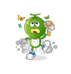 green coconut head cartoon catch butterfly illustration. character vector