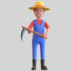farmer carrying brush sickle cartoon character isolated 3d render illustration
