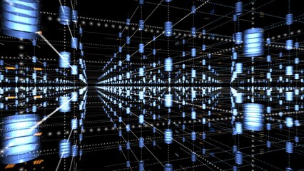 デジタル空間に整列した、沢山の光るデータストレージ。メタバースの中の価値あるビッグデータ。