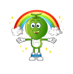 Obraz premium green coconut head cartoon with a rainbow. cartoon vector