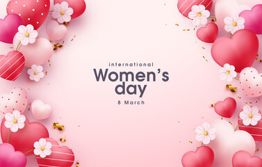 Women's day background with decorative love balloons and small flowers.