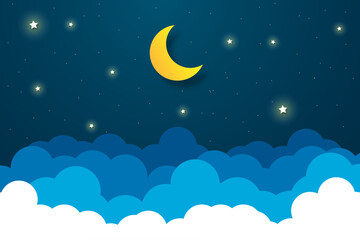 Naklejka na ściany i meble night sky with stars and moon. paper art style. Dreamy background with moon stars and clouds, abstract fantasy background. Half moon, stars and clouds on the dark night sky background.
