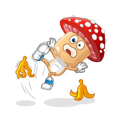 red mushroom head cartoon slipped on banana. cartoon mascot vector