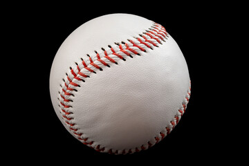 American sports, active hobbies and US culture concept with white leather baseball ball isolated on black background with clipping path cutout