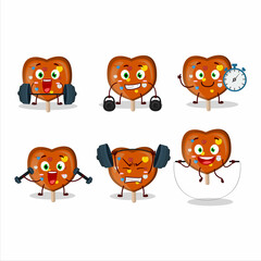 A healthy orange lolipop love cartoon style trying some tools on Fitness center