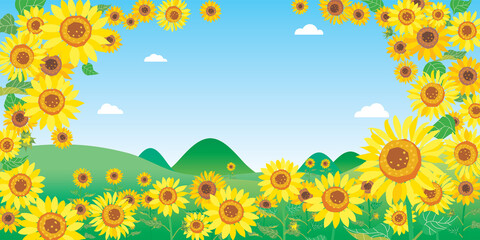 夏の向日葵畑の風景のイラスト