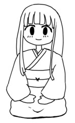 着物を着て正座する長髪の女性の線画イラスト