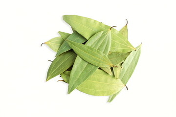 dried cinnamon leaves or bay leaf in white background with copy space