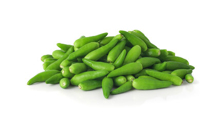 Green hot chilli peppers isolated on a white background with clipping path , spicy concept , Capsicum annuum , Bird's Eye Chilli , Thai pepper.