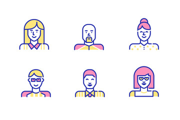 Fun cartoon style simple line art user profile icons set. Girls, boys and professional workers. Pixel perfect, editable stroke, colored