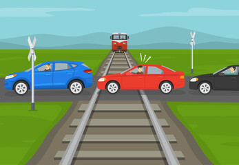 Traffic jam at railway level crossing. Terrified young male driver got stuck between two vehicles on railroad tracks while train is approaching. Flat vector illustration template.