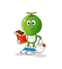 green coconut head cartoon eat chocolate mascot. cartoon vector