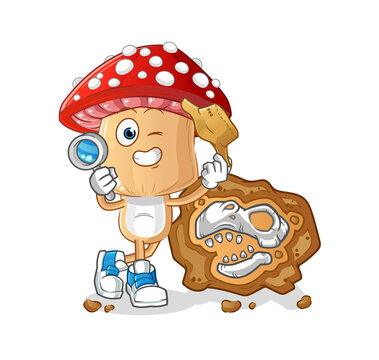 red mushroom head cartoon archaeologists with fossils mascot. cartoon vector