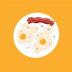 Vector illustration of fried eggs with greens and bacon. Omelet on a plate. breakfast concept.