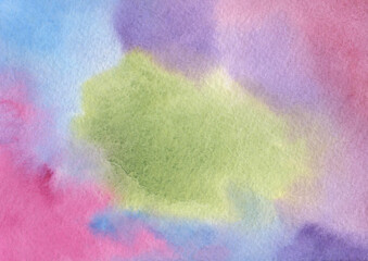 Green splash on Watercolor Background. Pink, blue, violet and purple Watercolor splashes. Abstract Background