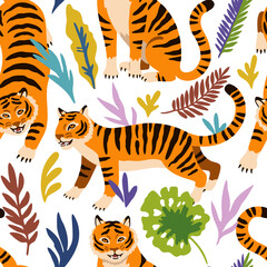 Fototapeta na wymiar Seamless pattern with cute cartoon tigers and doodle tropical leaves. 