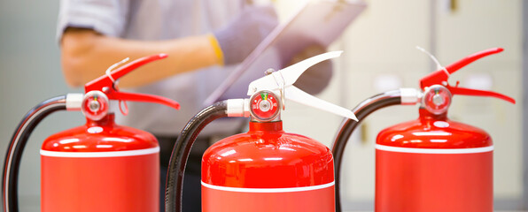 Fire extinguisher has engineer inspection checking for protection and prevent emergency and safety...