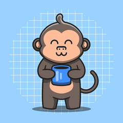 Cute monkey character holding blue coffee cup vector illustration. Flat cartoon style. Isolated animal concept.