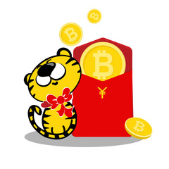 red envelope in Chinese New Year Chinese new year 2022 year of the tiger with bitcoin inside, Gift delivery concept with cryptocurrencies. 