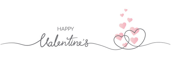 Happy Valentines day banner by lettering continuous single line with two hearts embrace and pink heart flowing isolated on white background.