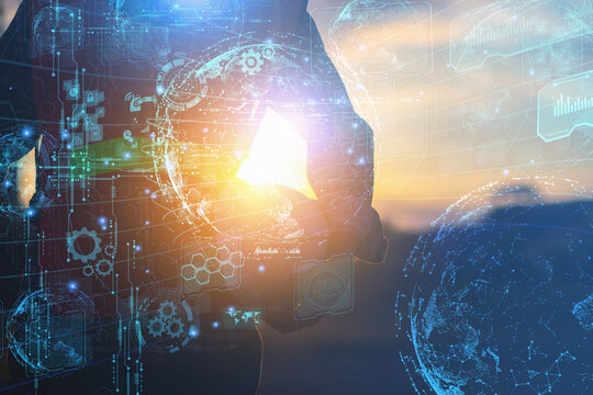 Industrial concept, businessman or engineer Show the innovative trend of modern e-commerce connection in the development of virtual marketing technology in the future
