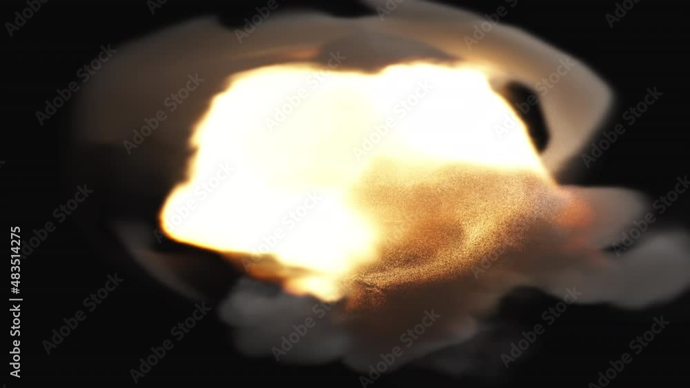 Poster bright flash with 3d render puffs of thick fog. powerful explosion with spread of flame over surface