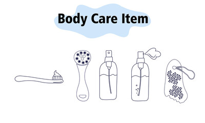 Items and elements for body care. Bathroom items, body massage brush, pumice stone for delicate feet, body and hair spray. In a linear style. Vector illustration.