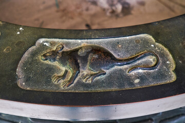 Rat from Chinese zodiac depicted on the incense burning urn at Toganji temple. Nagoya. Japan