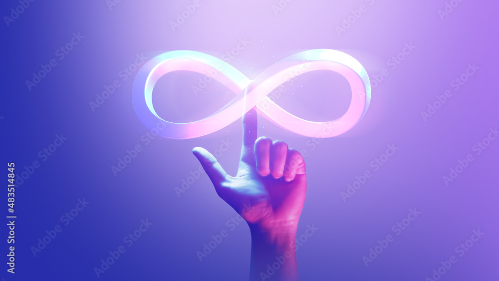 Fototapete hand pointing endless infinity sign of virtual reality metaverse digital innovation game or internet