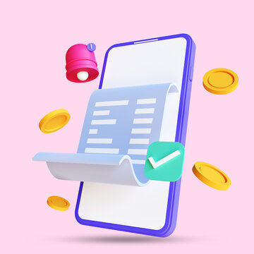 3d Render Of Online Payment Concept, Transaction Receipt Online Payment Icon. Isolated On Pink Background