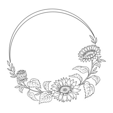 Black wreath with sunflower in botanical line art style. Flowers, buds, leaves of sunflowers and the frame in the form of a circle. Hand drawn vector illustration for your design.