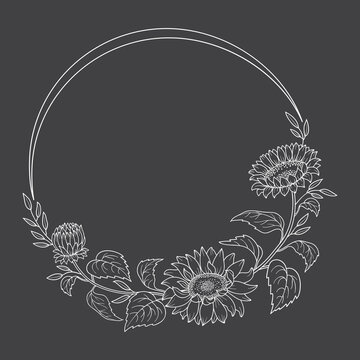White wreath with sunflower in botanical line art style on black background. Flowers, buds, leaves of sunflowers and the frame in the form of a circle. Hand drawn vector illustration for your design.