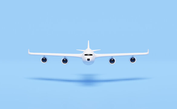 3d airplane isolated on blue background. front view, jet commercial airplane, plane travel concept, 3d render illustration